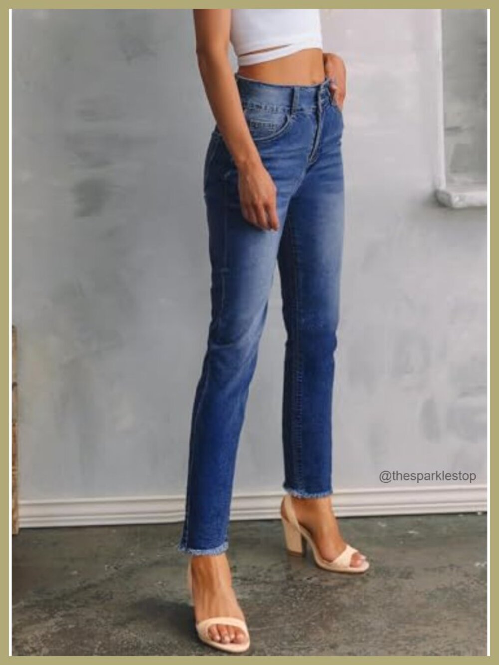 High Waisted Raw Hem Straight Leg Jeans | Double Button Tummy Control Stretch - Picture 3 of 6